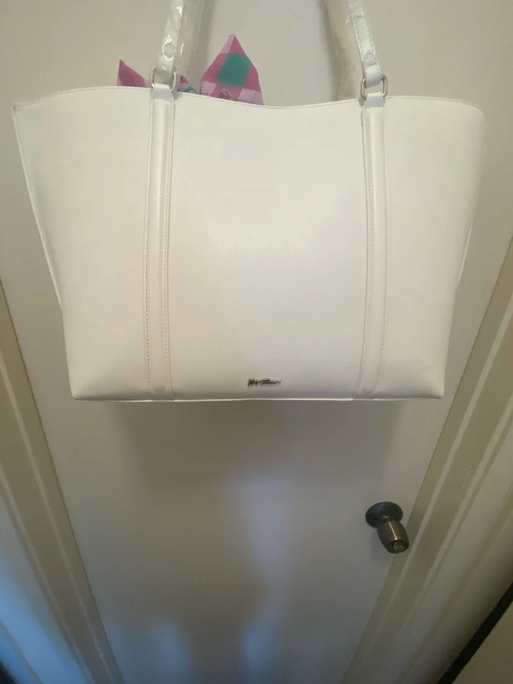 Betsey Johnson White Floral Tote with Pink & Green Scarf Accent - Picture 5 of 8